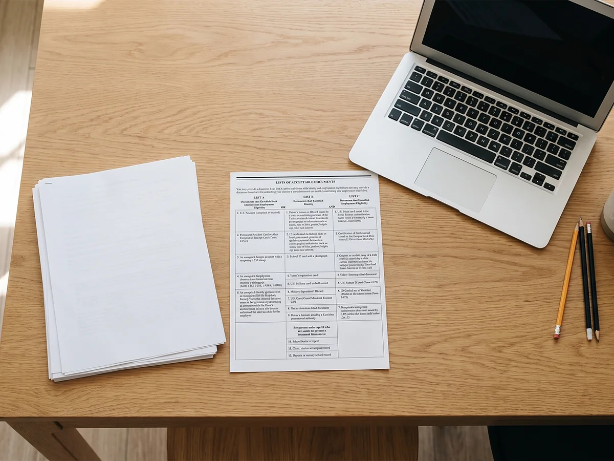 Employee handbook and HR compliance review documents on a desk.
